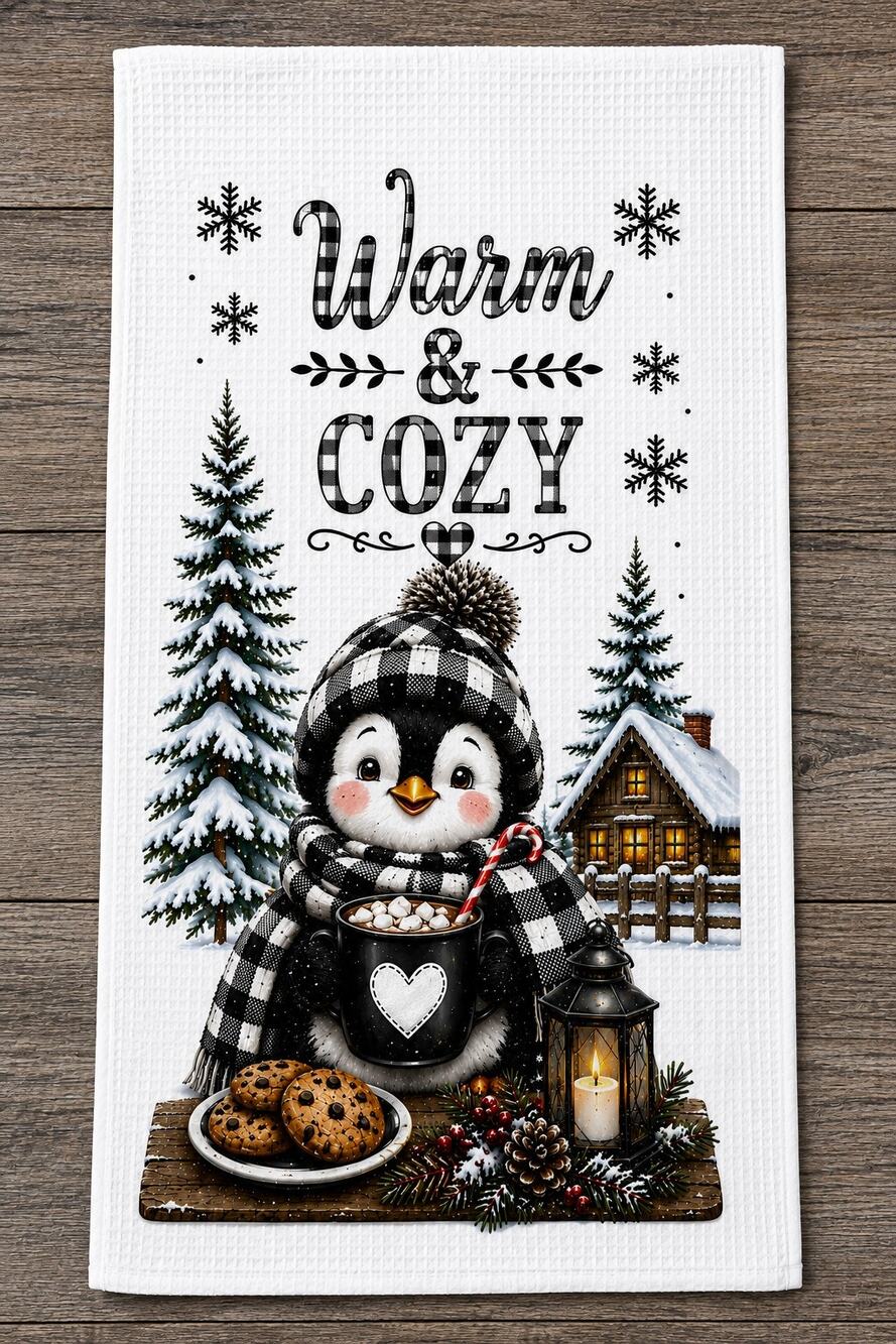 Warm & Cozy Penguin Winter Kitchen Towel Buffalo Plaid Farmhouse Decor